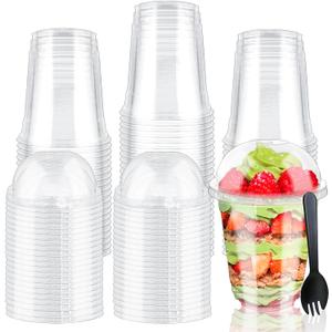 Szsrcywd 100pcs 12 Oz Plastic Cups with Dome Lids and Sporks,Clear Disposable Dessert Containers for Ice Cream,Fruit,Parfait,Pudding,Yogurt,Jelly,Hole in the Lid,50 Set