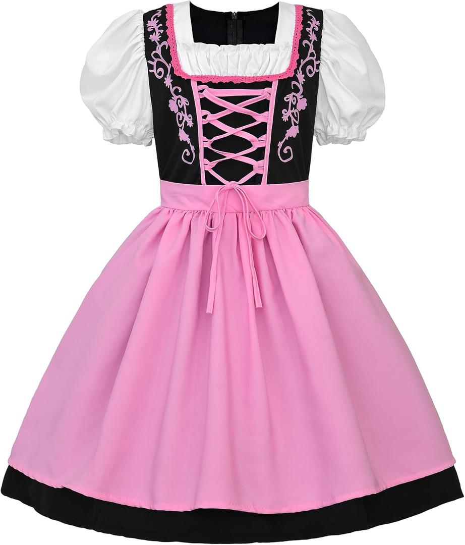JerrisApparel Girl Dirndl Oktoberfest Costume Bavarian Beer Festival Dress Maid Apron Halloween Cosplay Outfits (14-16 Years/X-Large, Pink)