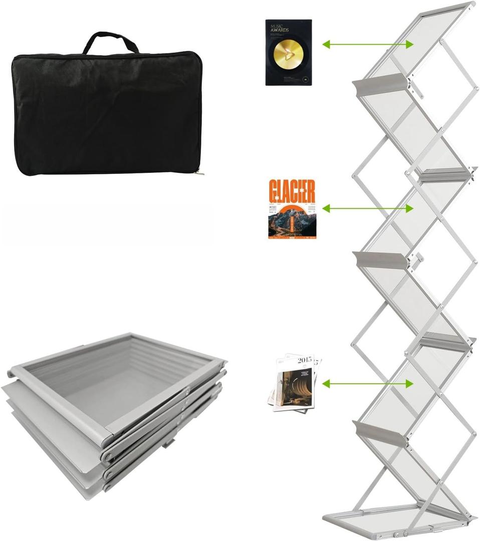 6 Pockets No Need Installation Aluminum Foldable Magazine Rack,Handheld Easy Mobility Trade Show Flyer HolderBrochure Display Stand For Exhibitions Offices and HomesMultifunctional Uses