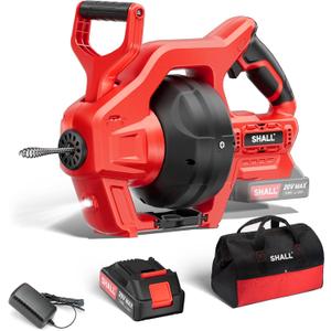 SHALL 20V Cordless Drain Auger with 25Ft Plumbing Drain Snake, Electric Snake Drain Hair Clog Remover W/ 2.0Ah Battery & Fast Charger, Shower Drain Snake for 3/4-2 Sewer Pipe, Sink Toilet Bathroom