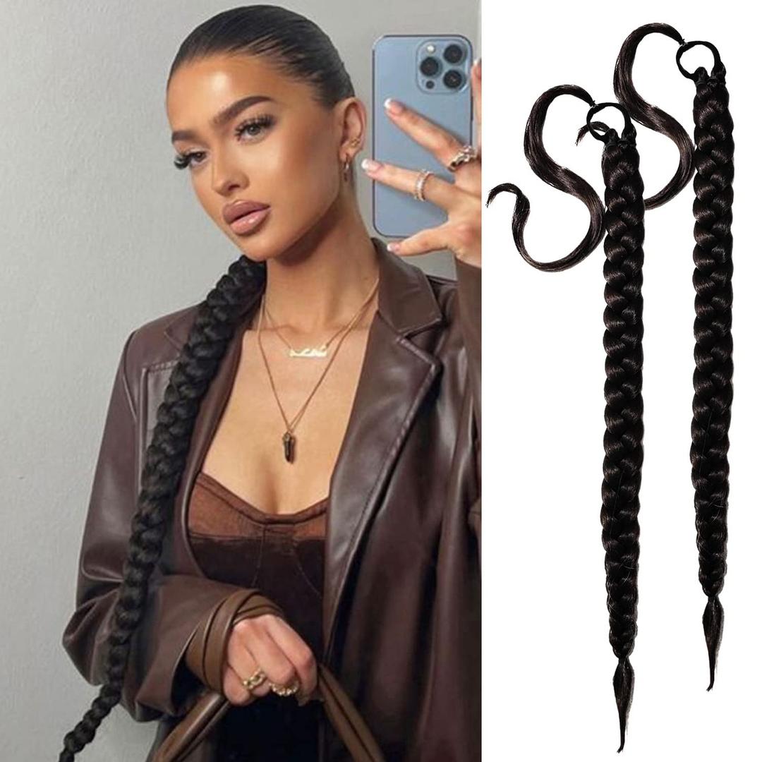 2 Packs Black Long Braided Ponytail Extension For Black Women Soft Synthetic Hair Piece For Women with Hair Tie Straight Wrap Around Ponytail Braided Hair Extensions pre Stretched 30 Inch (1b)