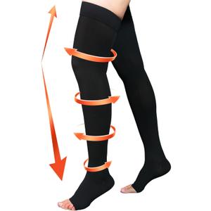 20-30 mmHg Compression Stockings for Women & Men, Thigh High Compression Socks Open Toe, Silicone Dot Band (X-Large, Black)