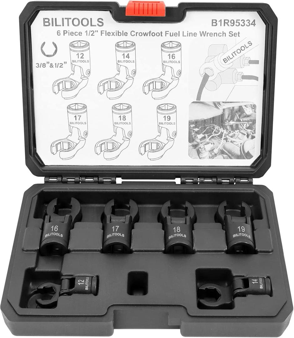BILITOOLS 6PCS Flex Head Crows Foot Line Wrench Set, 3/8" & 1/2" Drive Injector Fuel Line Sockets Wrench Set, Crowfoot Flare Nut Socket Wrench Metric 12 14 16 17 18 19 mm with Storage Box