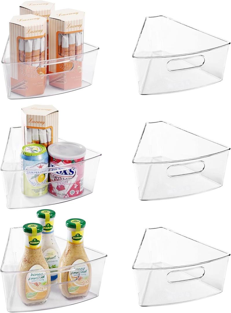 Oubonun Lazy Susan Organizers Set of 6, 10.2x 9.4x 4 Plastic Transparent Kitchen Cabinet Storage Bins with Handle, 4" Deep Container, 1/8 Wedge - Food Safe, without BPA