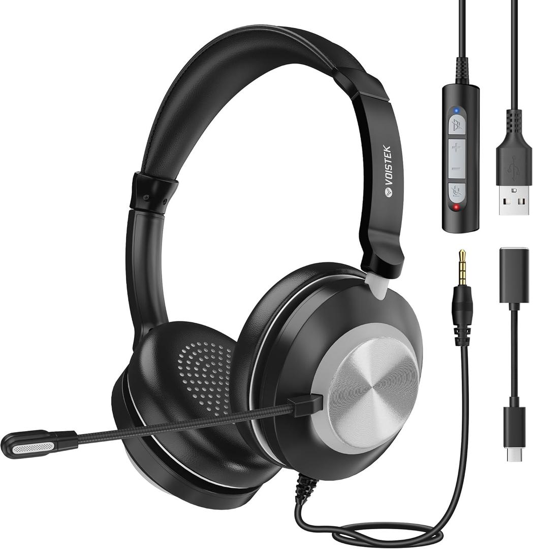 Voistek USB Headset with Microphone for Laptop PC, Wired On Ear Computer Headphones with Noise Cancelling Mic & in-line Controls for Office, Call Center, Online Classes, Teams, Zoom, Skype