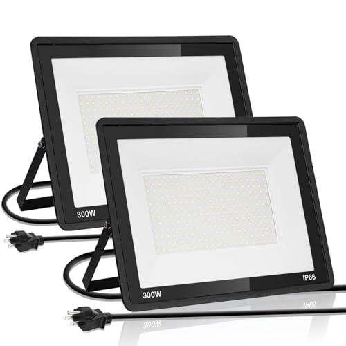 Yaaluoney 300W LED Flood Lights 2 Pack Outdoor Use IP66 Waterproof Security Lighting with Plug Super Bright 6000K Daylight White Floodlights for arage, Yard, Garden, Stadium, Playground, Arena