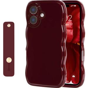 NITITOP Compatible with iPhone 16 Plus Case Cute Simple Wave Design Stylish Wavy Curly Frame with Wrist Adjustable Hand Strap Kickstand Grip Holder Soft Silicone Protective Cover - Wine Red