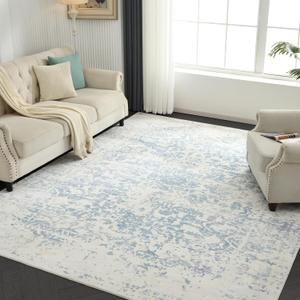 Washable Area Rug for Living Room - Stain Resistant Urtla Thin Rugs with Non Slip Rubber Backing - Indoor Floor Carpet for Dining Room Home Office Dorm (Blue/White, 3x5 Feet)