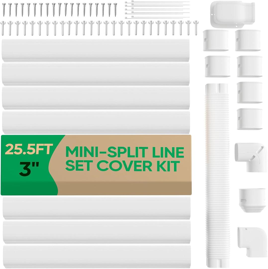 3" 25.5Ft Mini Split Line Set Cover, PVC Ductless Air Conditioner Decorative Pipe, Pump Covers, AC Line Cover Kit, for Outside Units Air Conditioners & Heat Pumps, All in One Set