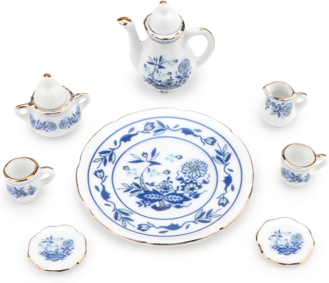 Dollhouse 1:6 Porcelain Tea Cup Sets 8 Pcs Set Miniature Ceramics Dollhouse Accessories Flower Pattern Teapot Platter Dish Sets Dollhouse Kitchen Supplies Decoration (Blue)