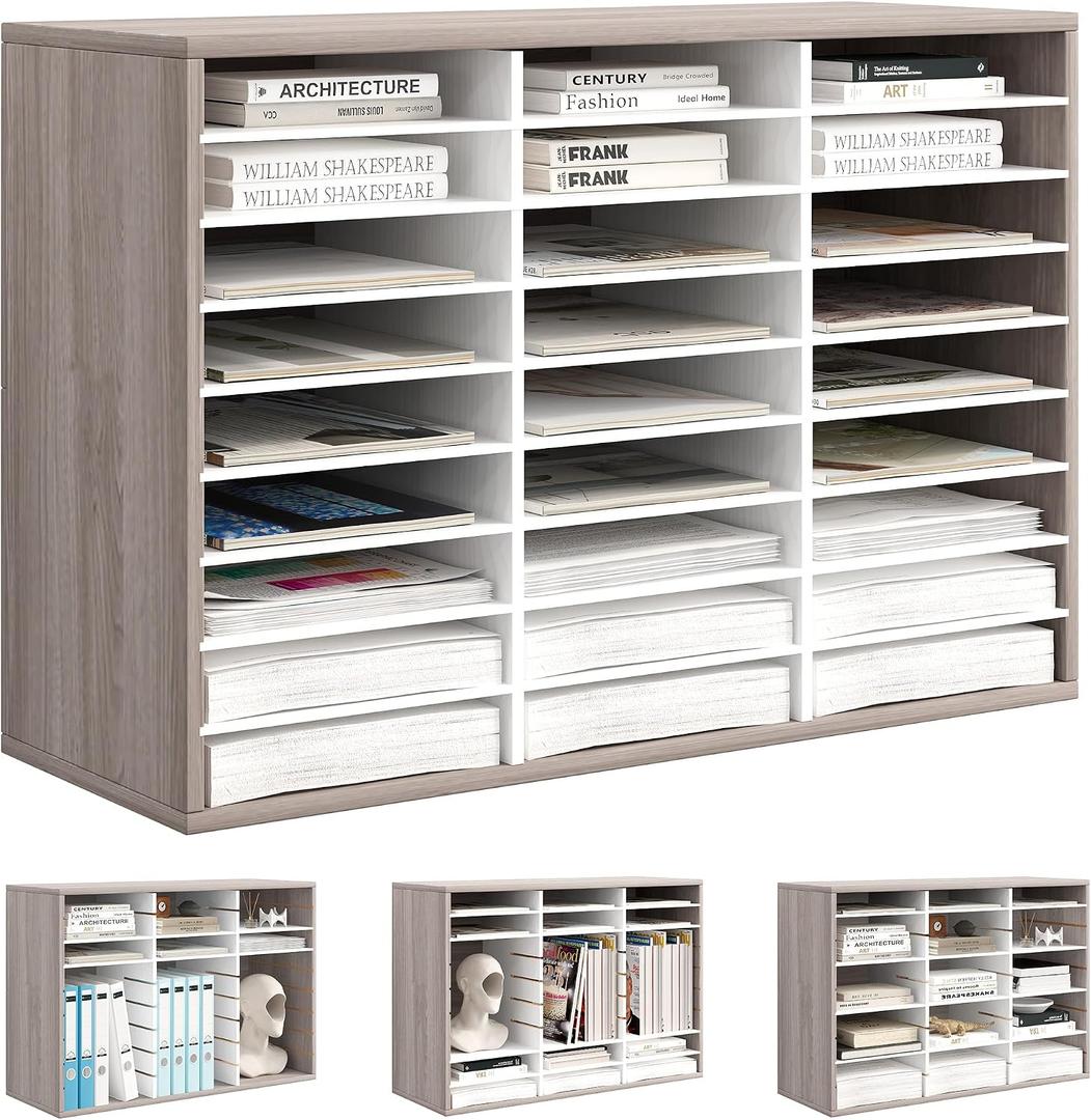 Alpeir Wood Desk Paper Organizer, Hold 13500 Sheets A4 Papers, 27 Slots Adjustable Literature Organizer with Removable Shelves, Classroom Mailbox for Teacher Student Assignment, Retro Grey/White