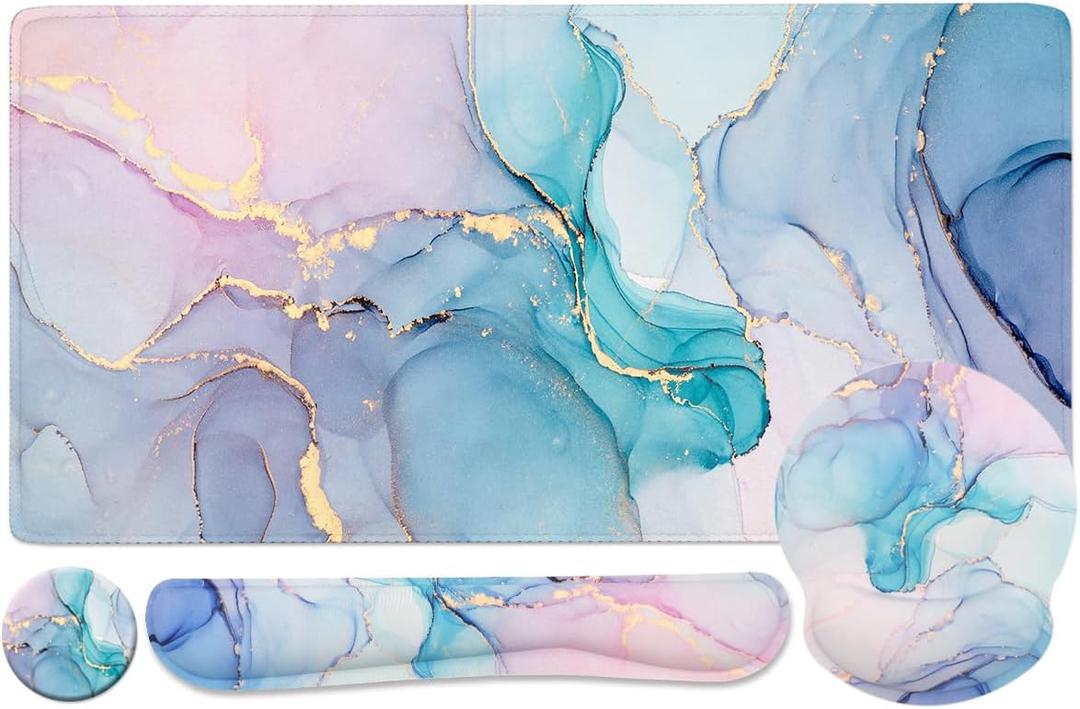 4-in-1 Gaming Mouse Pad Wrist Support SetDesk Pad + Mouse Pad with Wrist Rest + Keyboard Wrist Rest + Coaster, Ergonomic Design for Home Office Study Game - Blue Marble