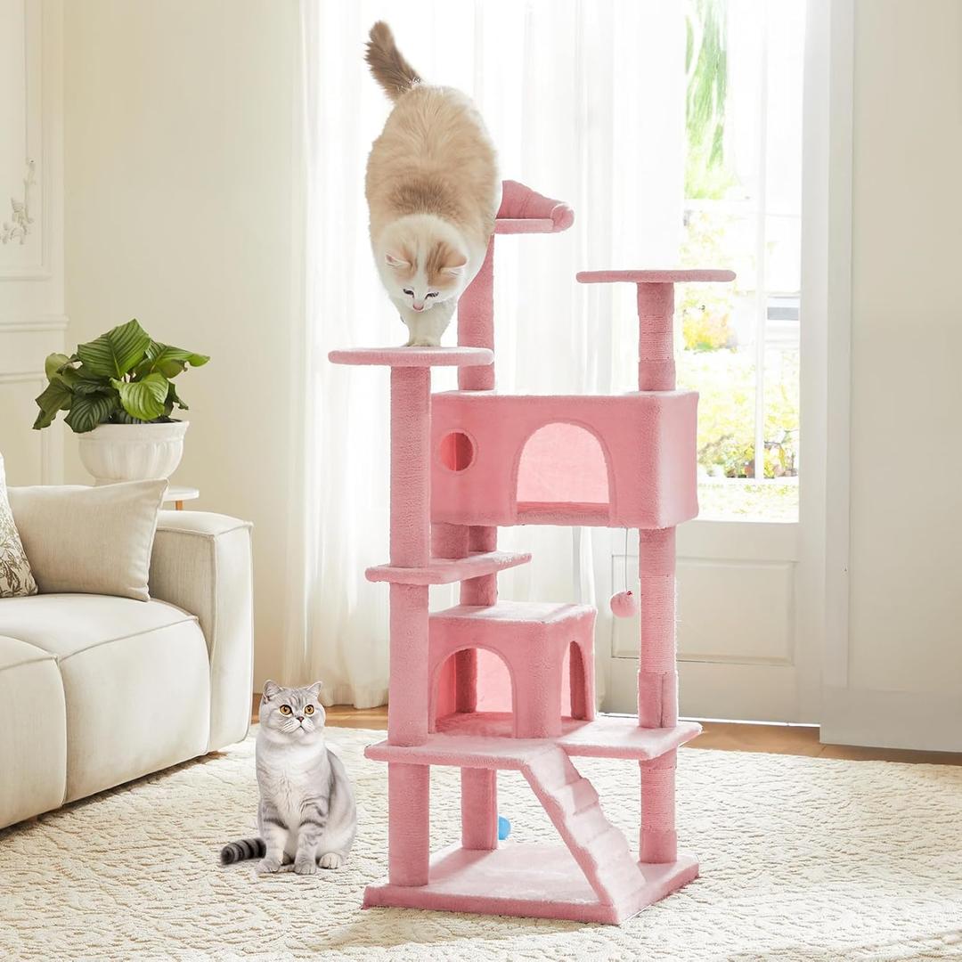 Cat Tree 54 Inch, Multi-Level Cat Tower with Condo, Perches, Sisal Scratching Posts and Climbing Ladder, Pet Play Toy Balls House for Indoor Cats, Pink