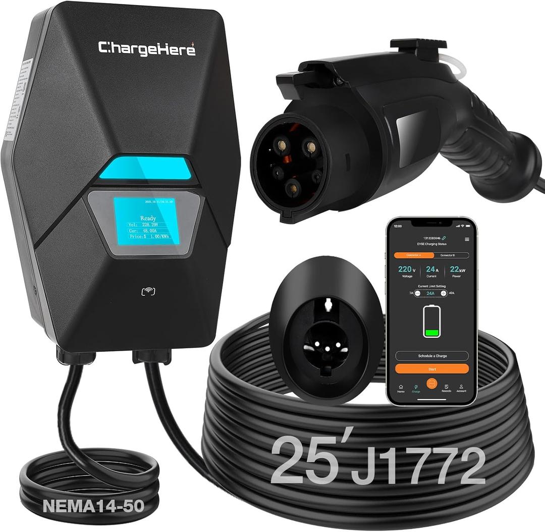 Level 2 EV Charger Wallbox, 32A 240V Smart Home Electric Vehicle Charging Station, 25ft Cable, NEMA 14-50, J1772, ETL Certified, WiFi App, Fits All EVs & Tesla (Adapter Needed)