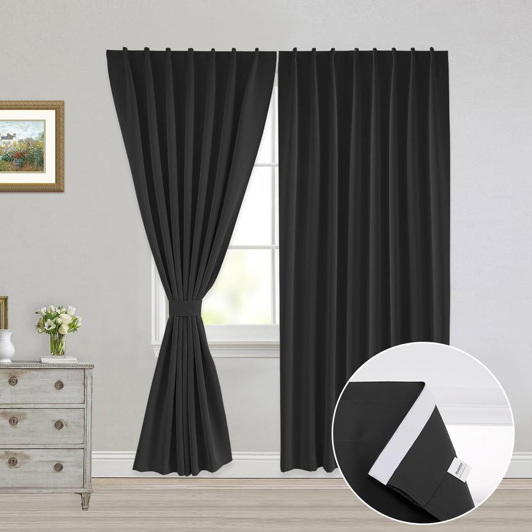 2pcs Blackout Curtains for Bedroom with Tiebacks,Self Adhesive Rodless Curtains, Portable Curtains Room Darkening Curtains for Living Room,Black 52" W x 84" L