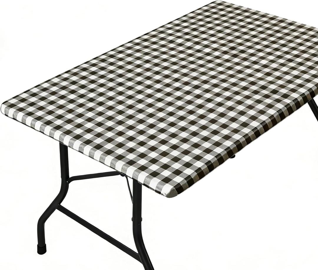Rectangle Picnic Table Cloth, Elastic Waterproof Fitted Vinyl Tablecloths for 4 Foot Tables, Wipeable Flannel Backed Table Covers for Dining, Camping, Outdoor(Black Plaid,24"x48")