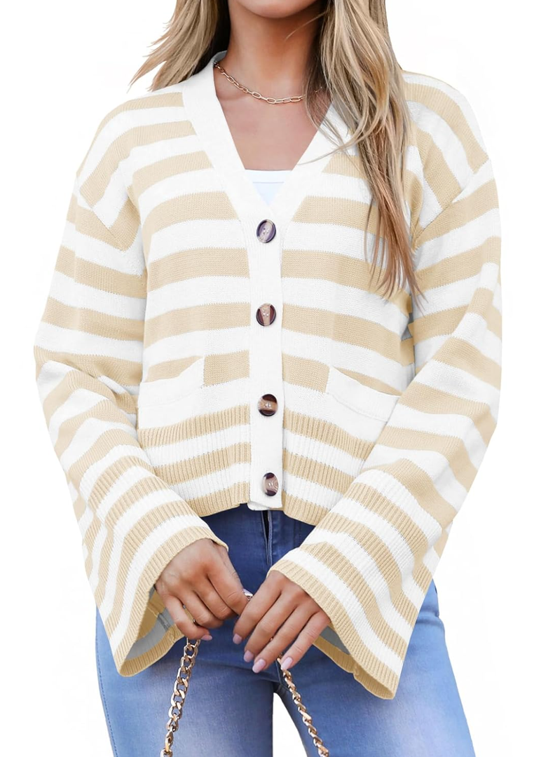 Saodimallsu Womens Striped Cardigan Sweaters Cropped Fall Button Open Front Long Sleeve Knit Sweater Coat with Pockets (XXL, Apricot)
