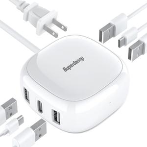 SUPERDANNY 6-Port USB Charger, 40W 8A Mini USB Charging Station, Charging Station for Multiple Devices, 4ft Cable, Compatible with iPhone, iPad, Galaxy, Pixel, for Travel, Cruise, White