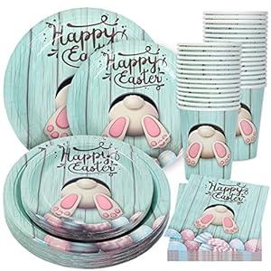 Whaline 100Pcs Happy Easter Tableware Set Bunny Egg Rabbit Disposable Dinnerware 50Pcs Paper Plates 25Pcs Napkins 25Pcs Cups for Spring Party Supplies Table Decoration