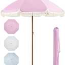 Aoxun 7ft Patio Umbrella with Fringe,Outdoor Beach Umbrella with Aluminum Pole, Ribs Push Button Tilt and Carry Bag, UV 50+ Picnic Tassel Umbrella(Pink)