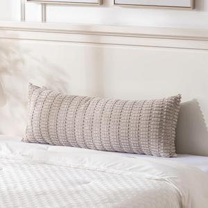 Fancy Homi Taupe Long Lumbar Decorative Throw Pillow Covers 14x36 Inch for Bed Couch Bed Sofa, Rustic Farmhouse Boho Room Decor, Soft Striped Corduroy Rectangle Cushion Case 35x91 cm