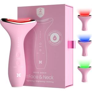 REVO Genie Facial Massager for Face and Neck, LED Face Lift Device with Heat & Vibration, Lymphatic Drainage Depuffing Tool, Red Blue Green Light Therapy for Skin Tightening & Skincare Absorption (Pink Pearl)