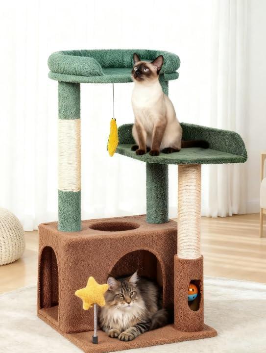 32" Cute Cat Tower for Indoor Kittens with Cat Condo, Plush Platform, Hammock, Sisal Scratching Posts, Dangling Ball, Tall Cat Tree Tower with Self-Grooming Brush (Olive Green)
