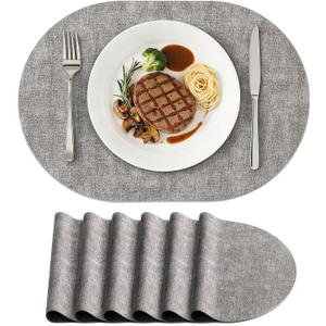 Homing Placemats Set of 6, Heat Resistant Oval Faux Leather Place Mats 11.8 x 17 Inch, Waterproof Wipeable Reversible PU Placemat for Kitchen Dining Table, Indoor & Outdoor, Light Grey