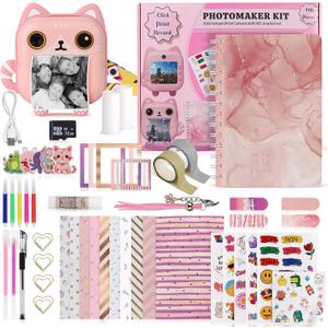 Photomaker Kit - Instant Print Camera for Kids Plus DIY Journal Kit for Girls - 150 Pcs Tween Journal & Camera for Girls - 6 7 8 9 10 11 12 13 14 Year Old Girl (Cat)