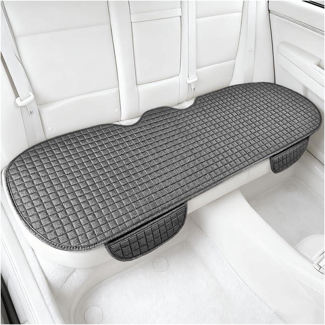 Car Back Seat Cover, Long Bottom Vehicle Rear Seat Protector with Storage Pockets, Breathable Linen Automotive Backseat Bench Cushion Pad Accessories, Universal for SUV Trucks (Gray)