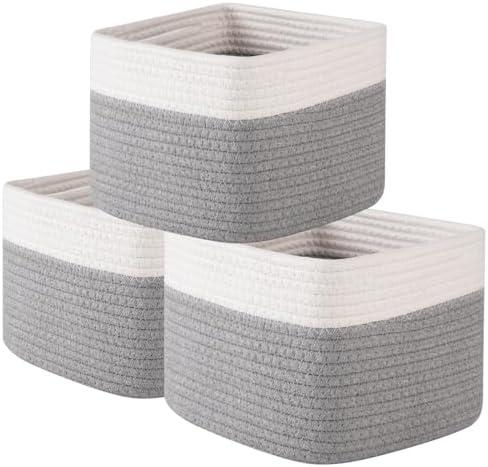 OIAHOMY 9”x9”x7” Storage Cubes, Cotton Rope Woven Baskets for Organizing, Cube Storage Bin, Small Gift Basket for Shelf, 3-Pack, Grey&White