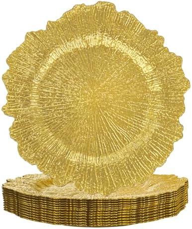 supernal 12pcs Gold Plastic Charger Plates,13inch Round Reef Plate Chargers for Dinner,Gold Chargers with Flora Reef Design For Dinner,Wedding,Party Decoration