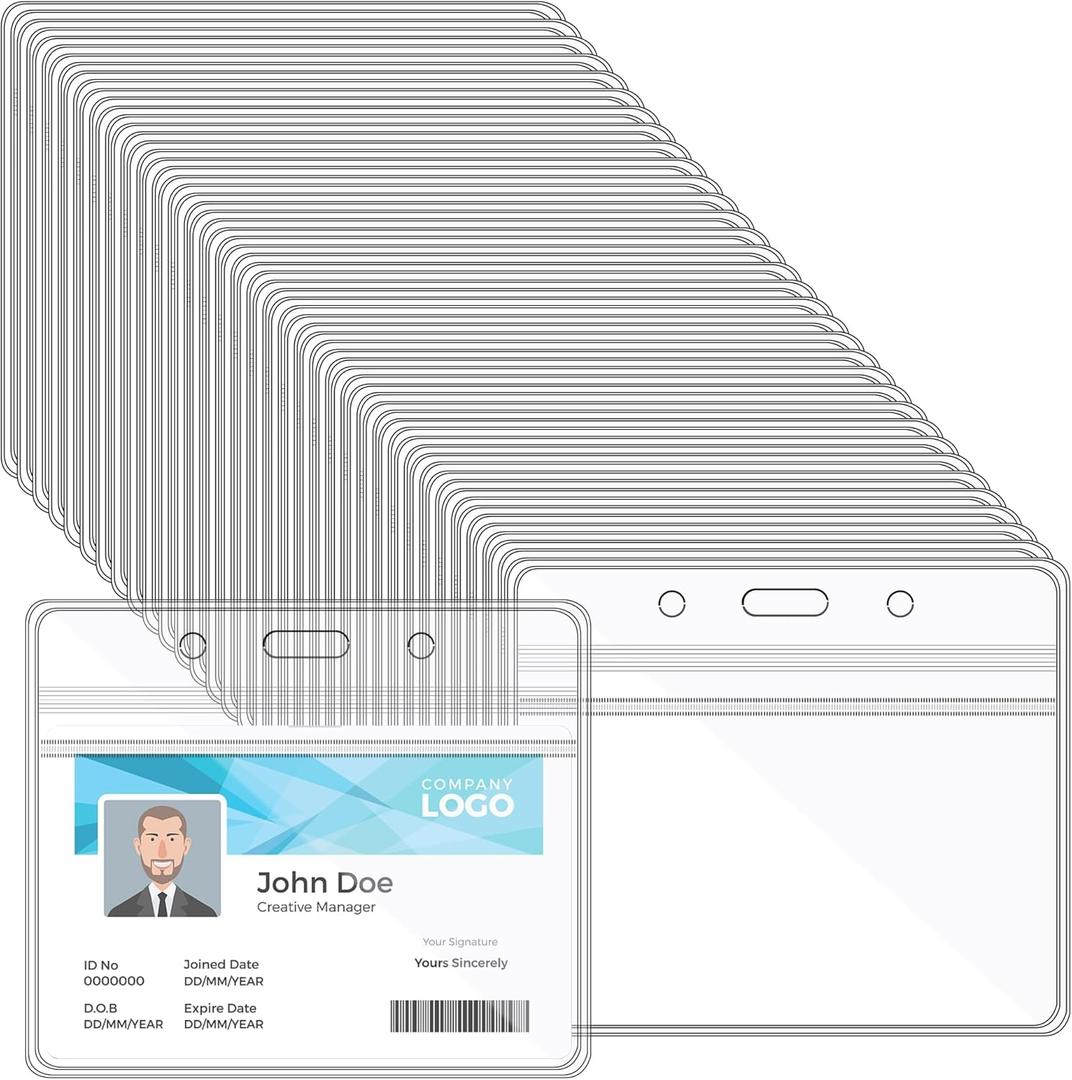 2 x Happy Trees Badge Holder Horizontal ID Card Protector, Name Tag Badge Holders with Resealable Zip, Clear PVC Plastic Sleeves, Pass Case Credential Pouch for Office, School (50 Pack)