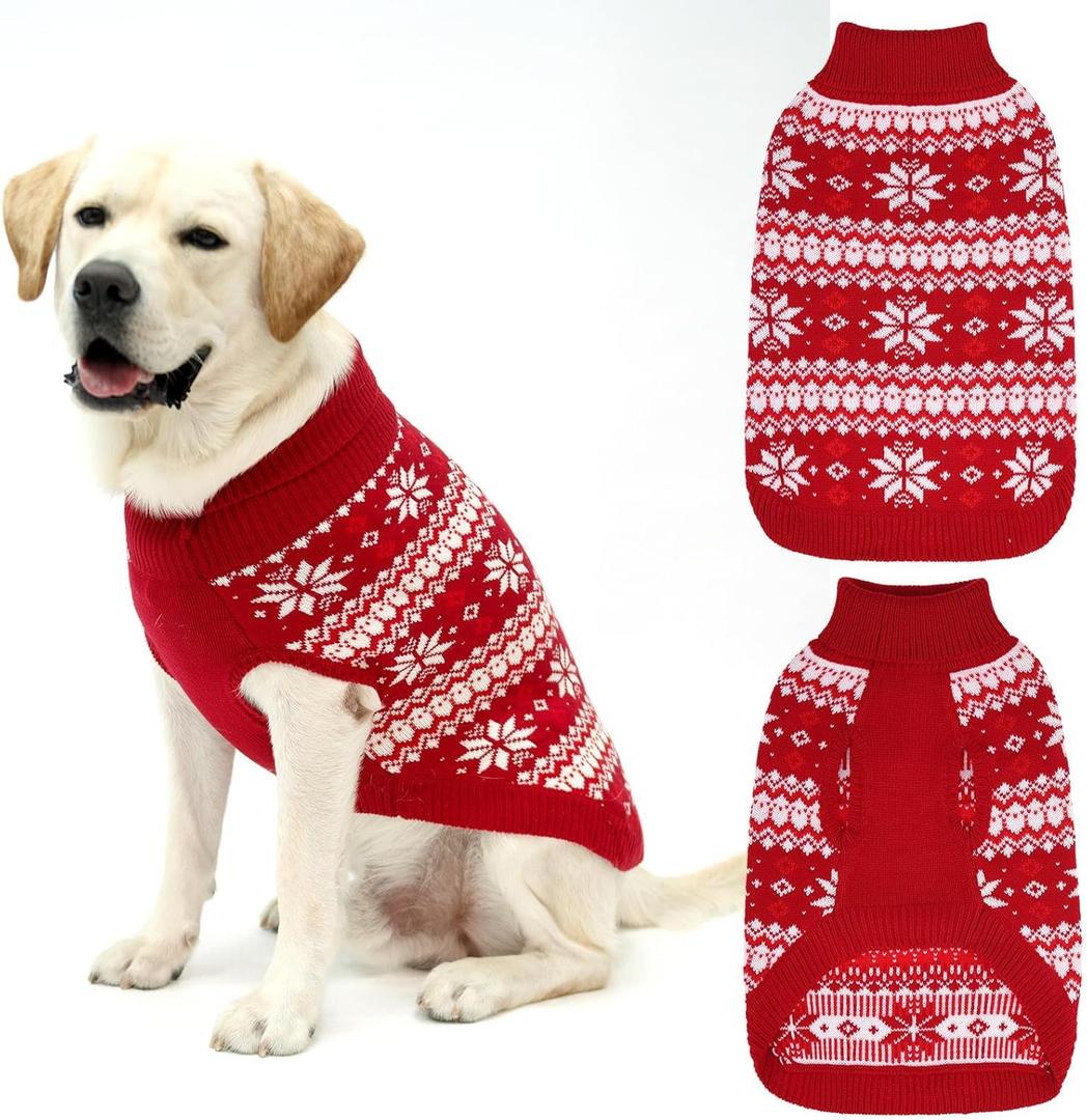 KOOLTAIL Cable Knit Dog Sweater Turtleneck, Cold Weather Pullover Classic Knitwear, Snowflake Pattern Thick Warm Winter Pet Clothes, Dog Christmas Sweater for Large Dogs, Red L