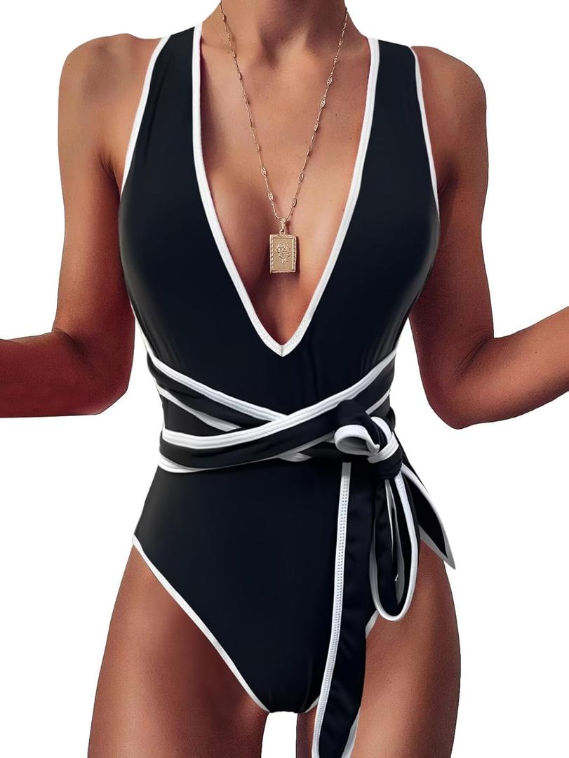 Lilosy Sexy Tie Criss Cross Plunge One Piece Thong Swimsuit High Cut Brazilian Bathing Suit (Medium, Black White)