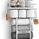 Towel Racks for Bathroom Wall Mounted - Bath Wall Towel Holder Set Above Toilet Storage, Rolled Towel Shelf Organizer for Small Bathroom, Wood Vertical Towel Rack for Bathroom Wall Decor Silver