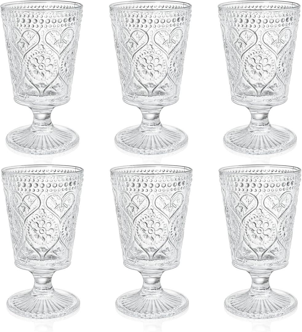 ZAVOOS Set of 6 Clear Glass Goblet, 12 Oz Vintage Romantic Wine Glasses, Embossed Floral Glass Cups Set, Bar Tumbler Drinking Glassware for Iced Tea, Wine, Beer, Juice, Cocktail, Whiskey
