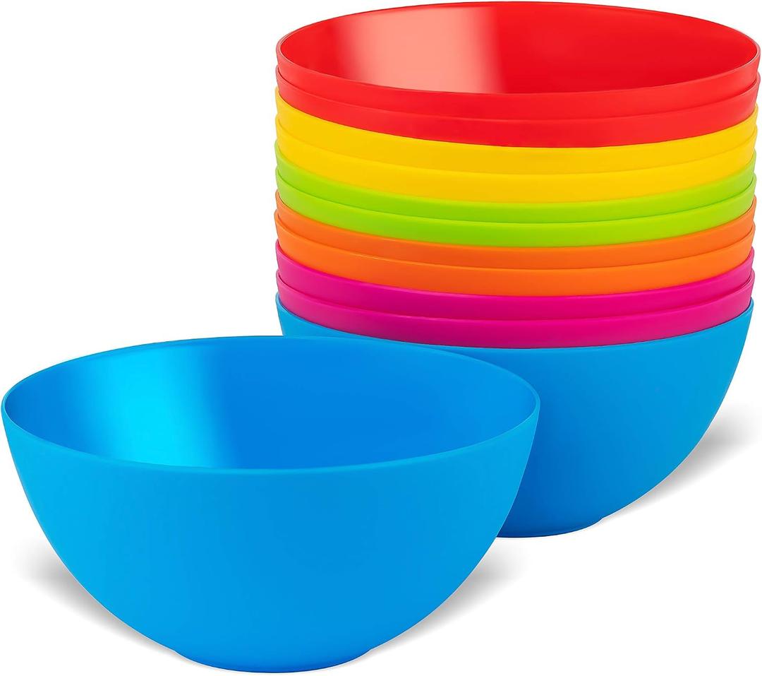 PLASKIDY Plastic Bowls Set of 12 Kids Bowls - 24 Oz Microwave & Dishwasher Safe, BPA Free, Brightly Colored for Cereal, Soup, Snack, Fruit or Salad