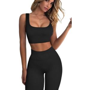 QINSEN Ribbed Workout Outfits for Women 2 Piece Seamless Sport Bra High Waist Yoga Leggings Sets (Medium, Black)