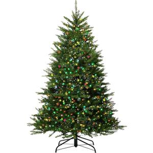 7FT Pre-Lit Artificial Christmas Tree with 700 Pre Lit Multicolored Lights, 2144 PVC Branch Tips,Green Dunhill Fir Xmas Tree, Foldable Metal Base for Home, Party Holiday Décor