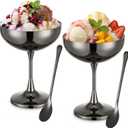 Thenshop 2 Sets Stainless Steel Ice Cream Bowls 270 Ml/9.13 oz Reusable Black Footed Sundae Cups with Spoons Yogurt Snack Candy Serving Cups Sauce Bowls for Fruit Pudding Wedding Birthday Party