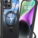 Magnetic Ring Stand Case for iPhone 13/14(Clear Black) | 16FT Military-Grade Protection Shockproof, Non-Slip, Anti Scratch, Textured Grip & Clear Back for Hands-Free Video Calls