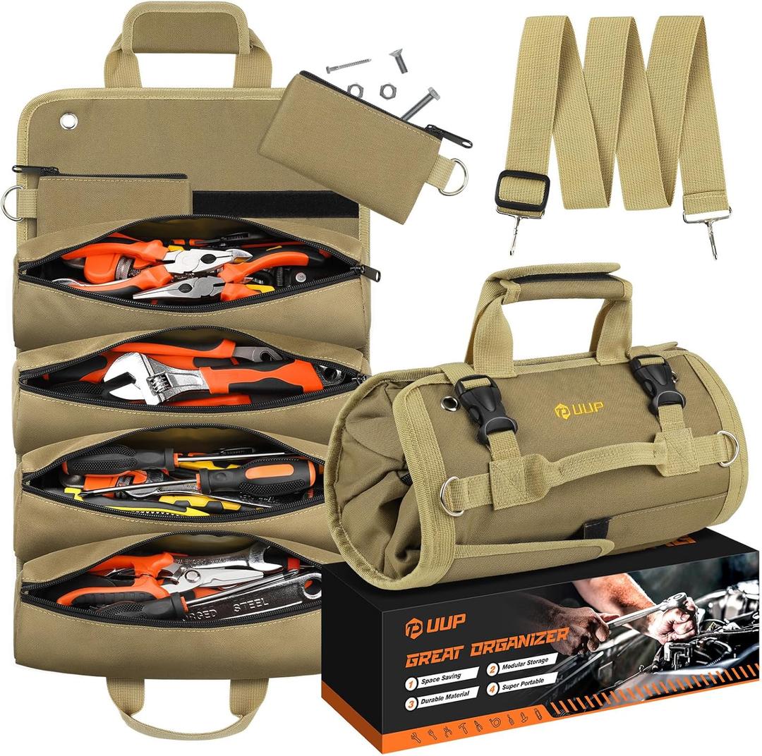Tool Bag Roll Up, UUP Heavy Duty Rolled Empty Tool Storage Organization, Portable Foldable Rollup Organizer with 2 Small Pouches, Rollable Carrying Toolbag, Dad Men Mechanic Birthday Gifts, Khaki