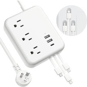 6 USB Power Strip with 3 Charging Cable - Travel Power Strip with 6 USB Desktop Charging Station and 3 Outlets, 5ft Flat Plug Extension Cord, Non Surge Protector for Cruise Ship Travel Office Dorm