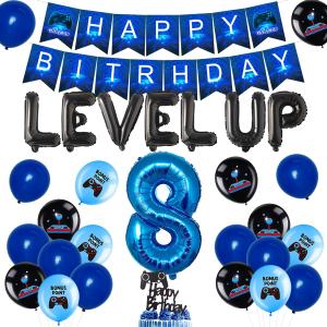 JOYMEMO Blue Video Game 8th Birthday Decorations for Boys, Level up Party Supplies with Happy Birthday Banner, Number 8 Balloon, Cake Topper for Game On Party Favors