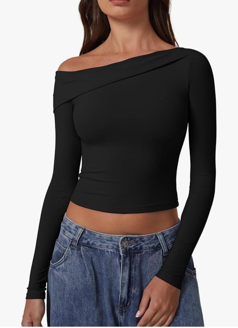 QINSEN Women Long Sleeve Off Shoulder Tops Trendy Double Lined Going Out Shirt for Fall, XL