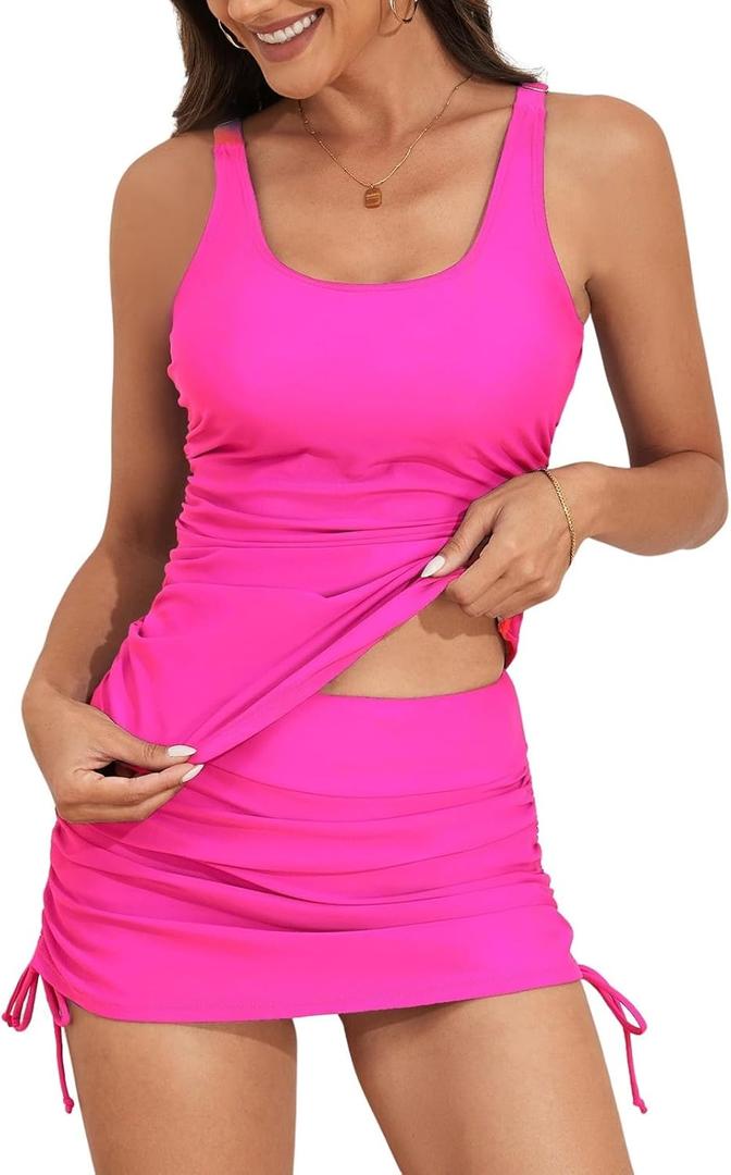 B2prity Tankini Swimsuit for Women Slimming Tummy Control Two Piece Bathing Suit Drawstring Swimwear Tank Top with Skirt (Medium, Hot Pink)