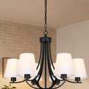 Farmhouse Chandeliers 6 Light Black Contemporary Pendant Lighting Rustic Dining Room Lighting Fixtures Hanging with White Fabric Shade, Flush Mount Ceiling Light for Bedroom Foyer