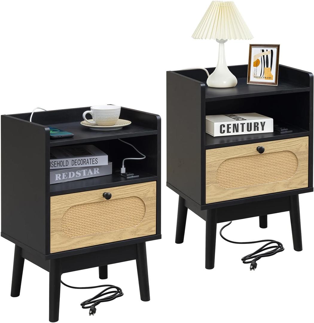Lomojo Rattan Nightstand Set of 2, Bedside Table with Charging Station, Modern Night Stand,Wood Boho Side Table,Mid Century Small End Table with Drawer for Bedroom (black2)