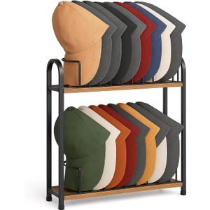 SWTYMIKI Hat Stand for Baseball Caps - 2 Tier Wood & Metal Removable Tabletop Hat Organizer Storage Display Rack, Holds up to 20 Caps for Desk, Closet Shelf, Dresser (Black)